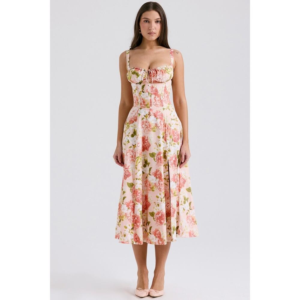 House of CB Carmen Pink Peony Print Cotton Bustier Midi Sundress Size XS